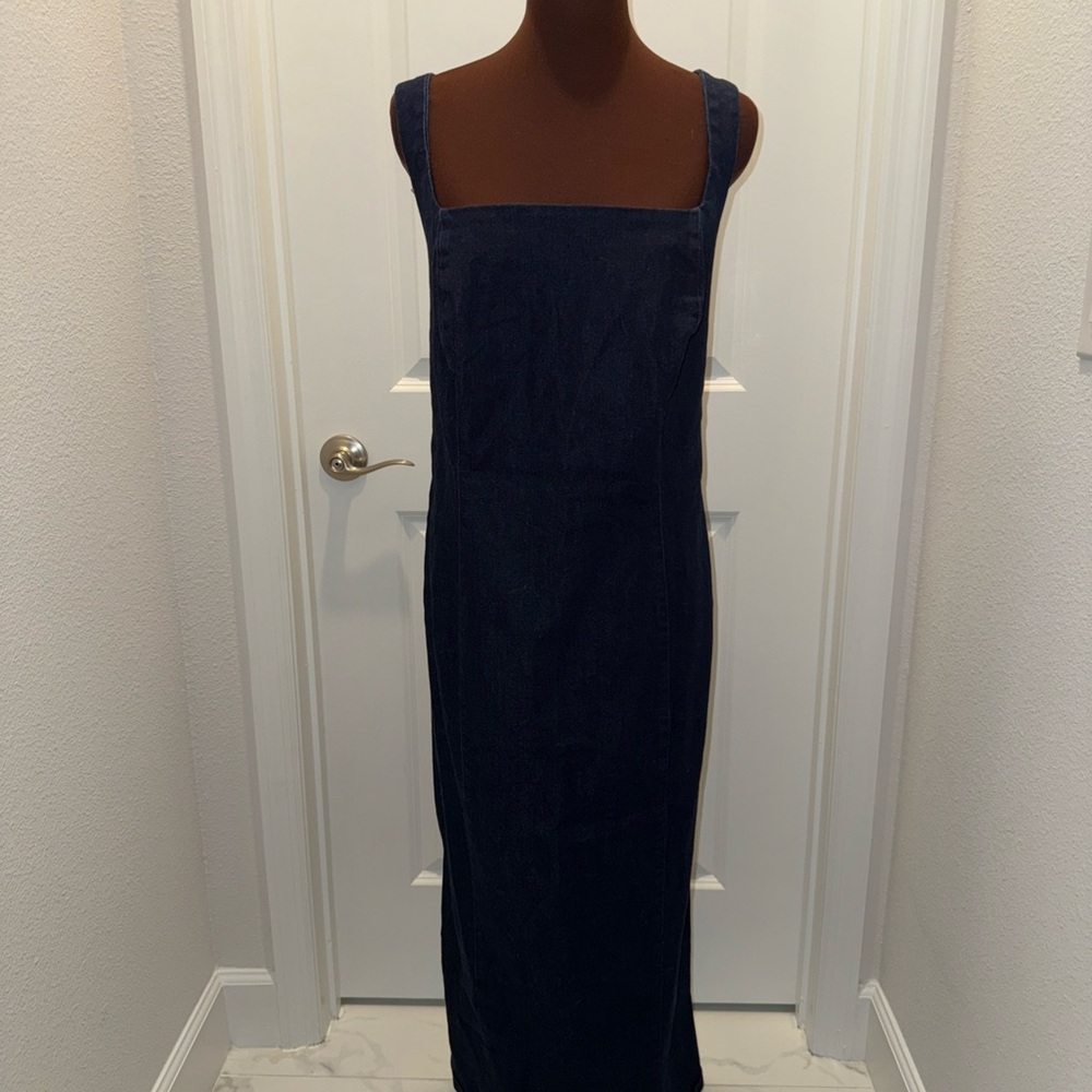 Denim midi dress square neck Elegant Navy Blue Sleeveless Dress
